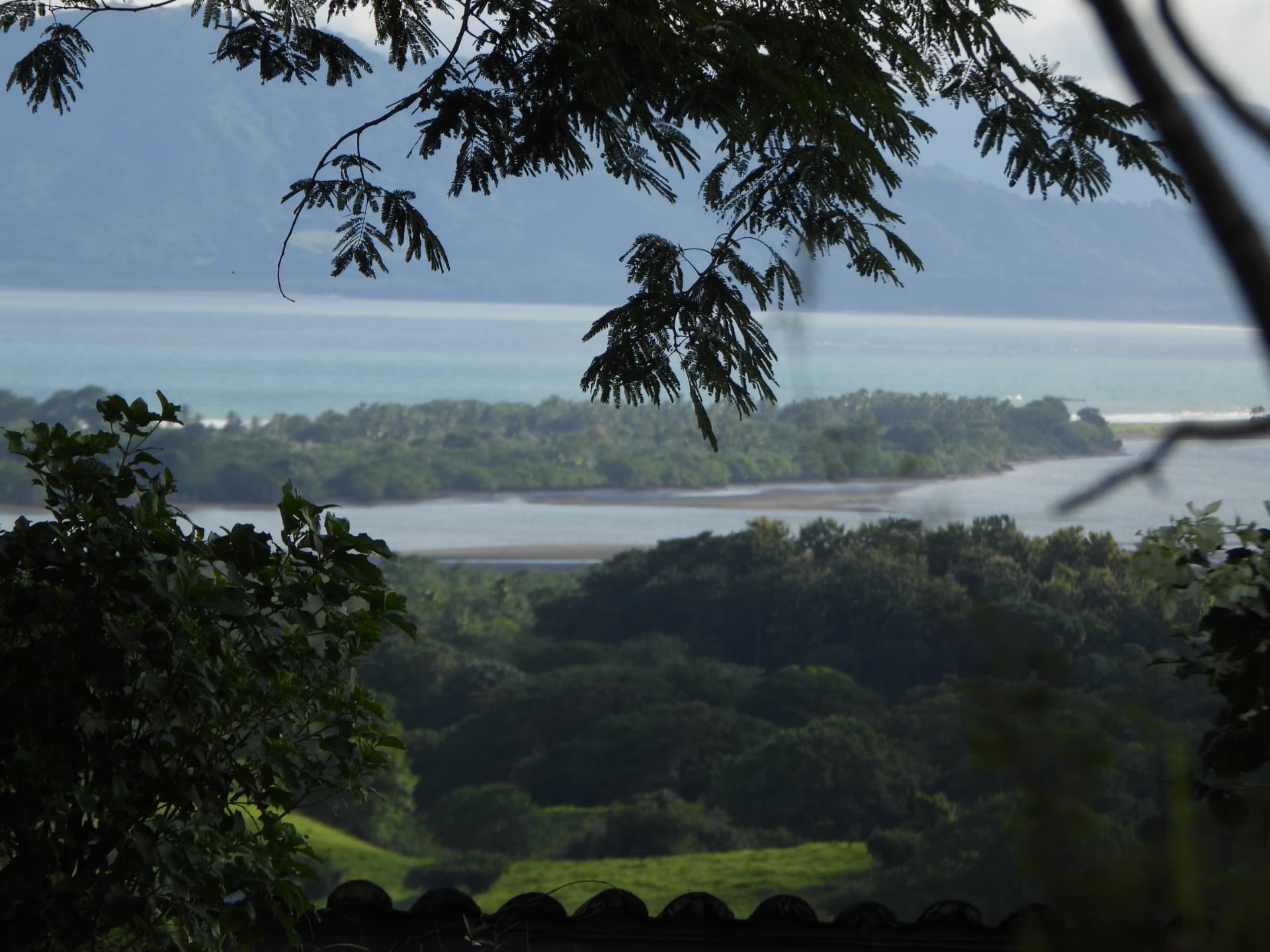 Isla de Cañas and the Pacific coast seen from the hills of Denter Tumas, framed by tropical foliage