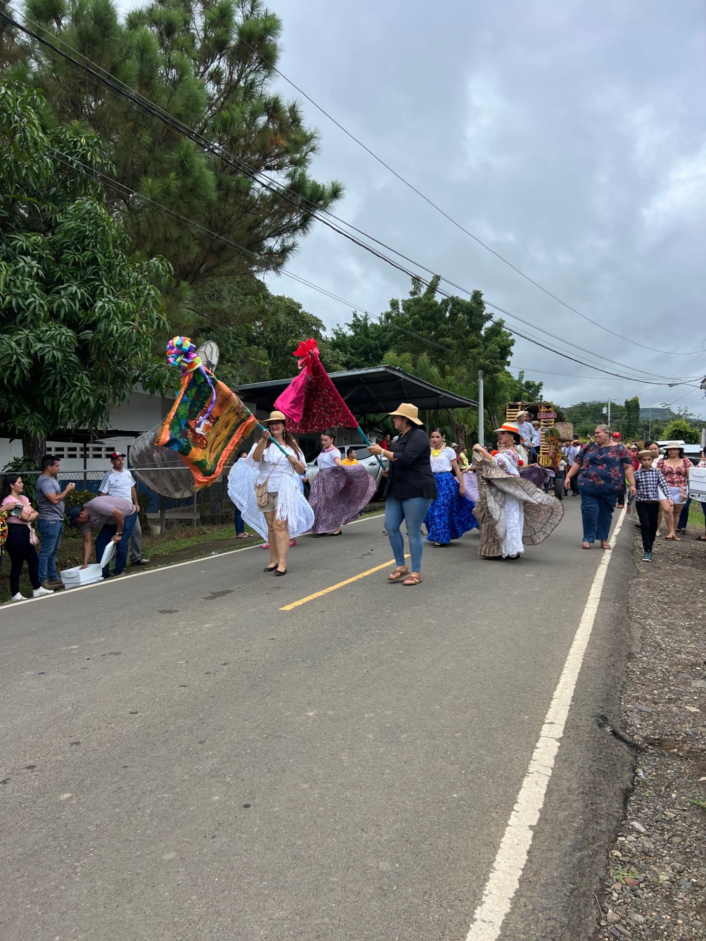 Villagers in traditional dress celebrating Carnavales on a rural road