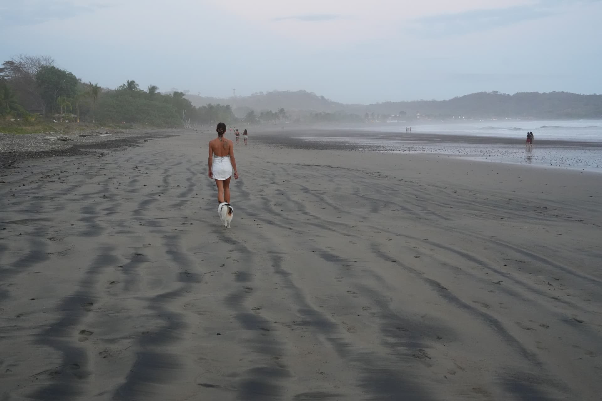 Woman walking a dog along an empty beach at dawn with misty hills in the distance