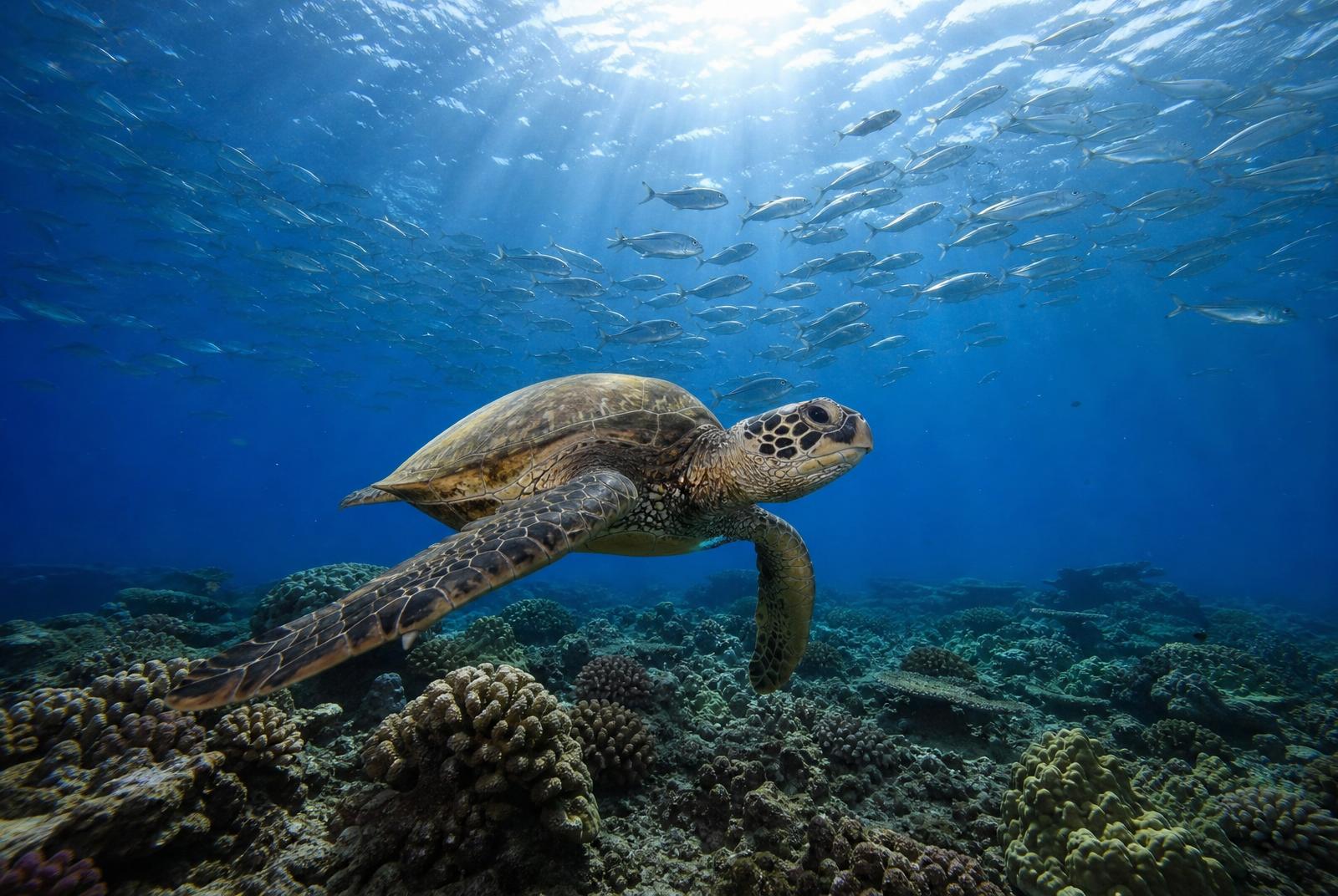 Sea turtle gliding over a pristine Pacific coral reef with a school of jacks above