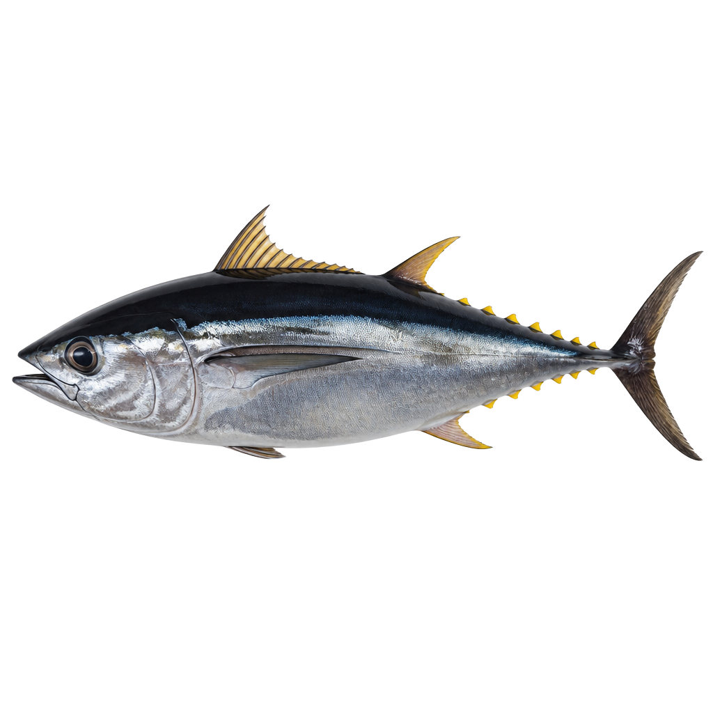 Side profile of a bigeye tuna with a dark metallic blue back and large eye