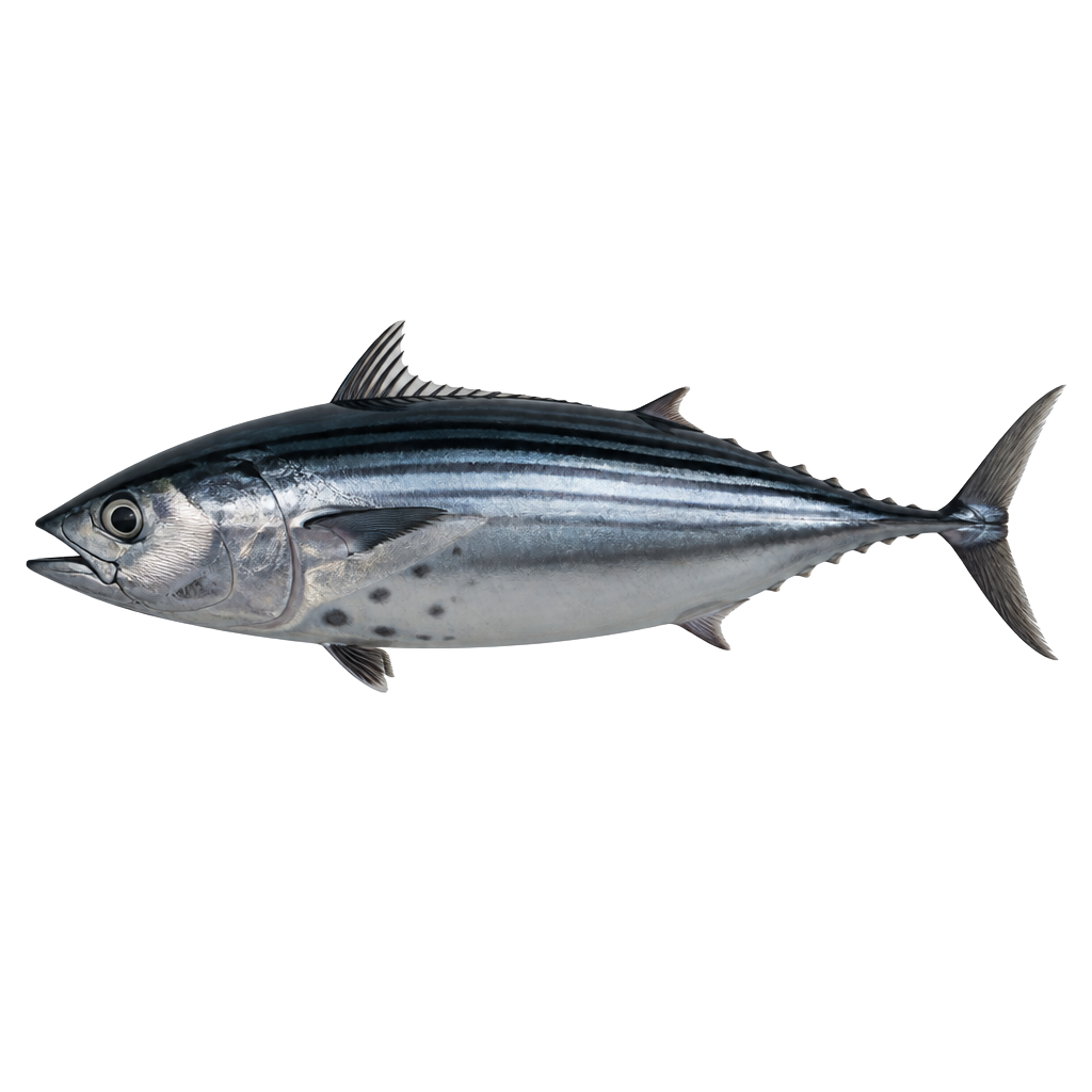 Side profile of a black skipjack tuna with dark stripes along its back
