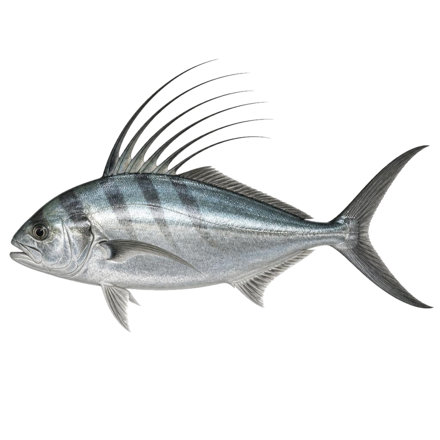 Side profile of a roosterfish with its distinctive tall dorsal fin comb